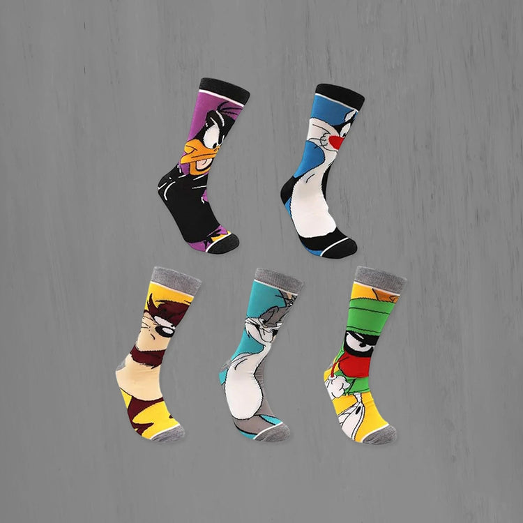 5 Pairs Of Men's Trendy Cartoon Anime Pattern Crew Socks