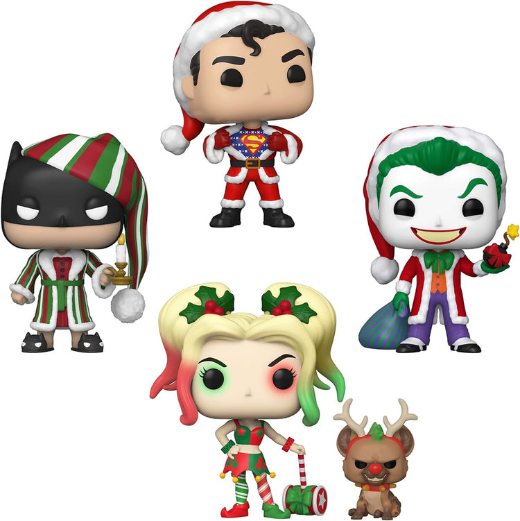 Funko Pop! DC Comics Christmas 4 Pack Special Edition Exclusive Vinyl Figures - Superman in Holiday Sweater, Batman as Ebenezer Scrooge, The Joker as Santa, Harley Quinn with Helper