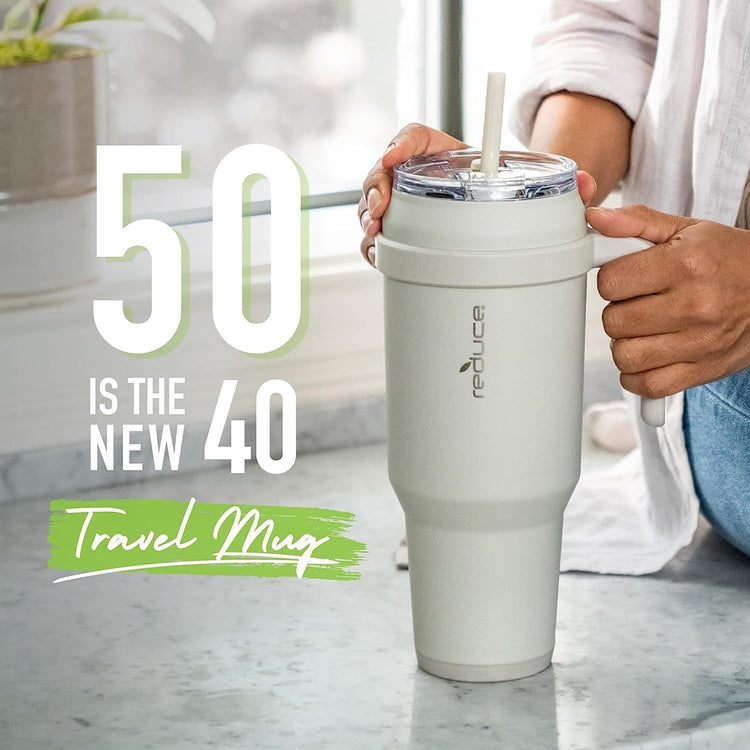 REDUCE 50 oz Tumbler with Handle, 2 Pack - Vacuum Insulated Stainless Steel Mug with Sip-It-Your-Way Lid - Keeps Drinks Cold up to 50 Hours - Sweat Proof, Dishwasher Safe, BPA Free - Glacier and Sand