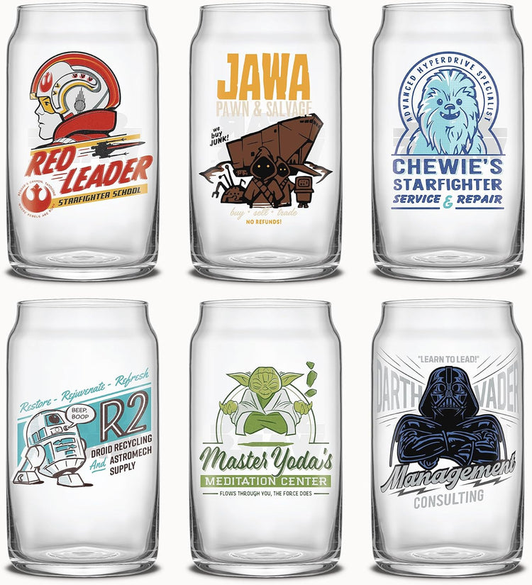 JoyJolt Star Wars Retro Vintage Collection 16.9oz Glass Tumblers - Featuring Darth Vader, R2D2, Yoda, Chewbacca, Red Leader, Jawa - Original Trilogy Drinkware, Glass Tumbler Set of 6 with Glass Straws