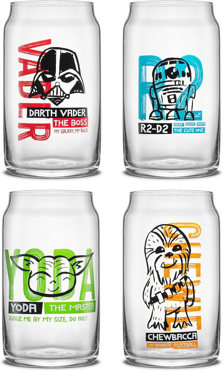 JoyJolt Star Wars Now Playing Collection Tumblers, 16.9oz Classic Can Shape Tumbler Drinking Glass Cups Set, Glass Tumbler Set of 4 w/Glass Straws, Star Wars Gifts, Star Wars Glassware