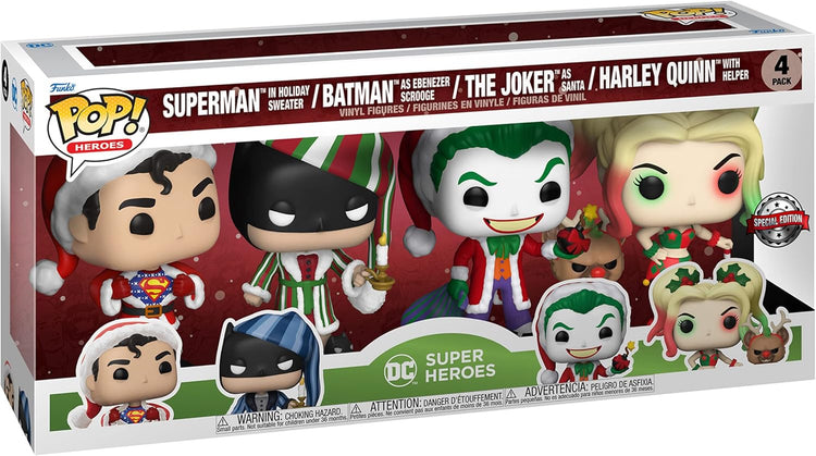 Funko Pop! DC Comics Christmas 4 Pack Special Edition Exclusive Vinyl Figures - Superman in Holiday Sweater, Batman as Ebenezer Scrooge, The Joker as Santa, Harley Quinn with Helper