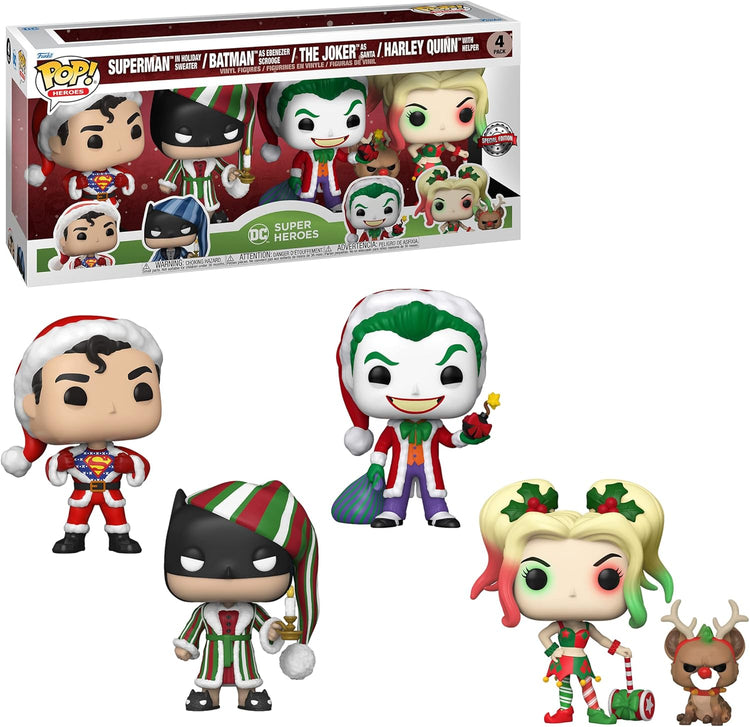 Funko Pop! DC Comics Christmas 4 Pack Special Edition Exclusive Vinyl Figures - Superman in Holiday Sweater, Batman as Ebenezer Scrooge, The Joker as Santa, Harley Quinn with Helper