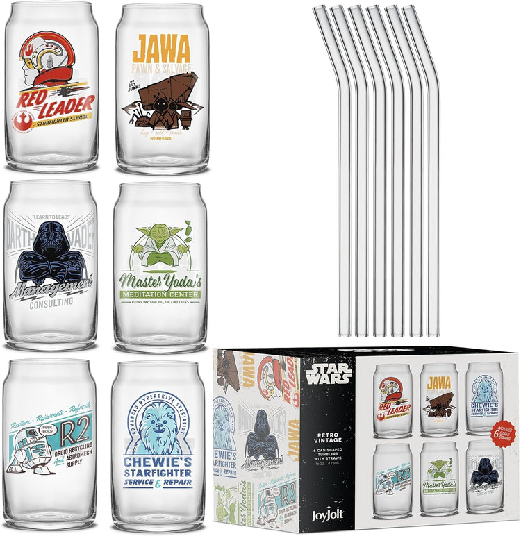 JoyJolt Star Wars Retro Vintage Collection 16.9oz Glass Tumblers - Featuring Darth Vader, R2D2, Yoda, Chewbacca, Red Leader, Jawa - Original Trilogy Drinkware, Glass Tumbler Set of 6 with Glass Straws