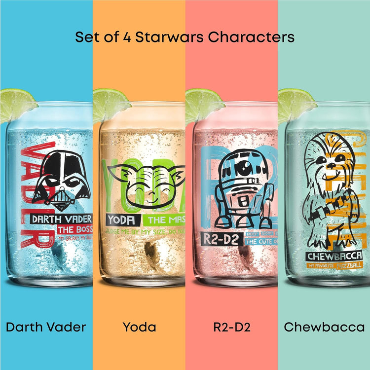 JoyJolt Star Wars Now Playing Collection Tumblers, 16.9oz Classic Can Shape Tumbler Drinking Glass Cups Set, Glass Tumbler Set of 4 w/Glass Straws, Star Wars Gifts, Star Wars Glassware