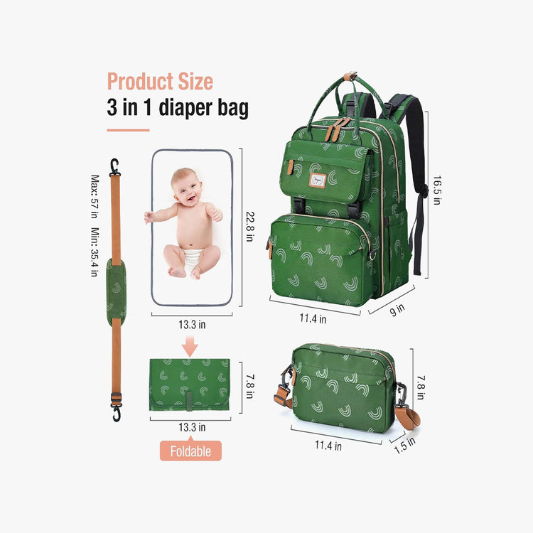 Baby Diaper Bag Backpack, Large Diaper Bag with Removable Cross Body Bag & 2 Compartments, Baby Bag for Boys & Girls, Travel Diaper Bags, Green Rainbow