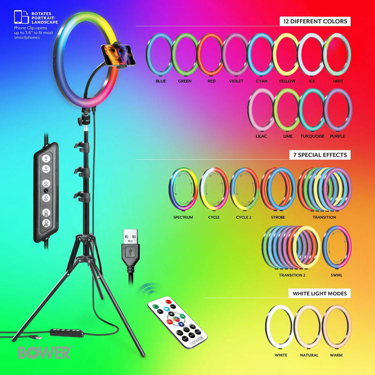 Bower 12-inch LED RGB Ring Light Studio Kit with Special Effects; Black