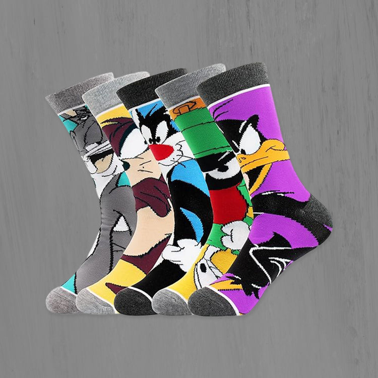 5 Pairs Of Men's Trendy Cartoon Anime Pattern Crew Socks