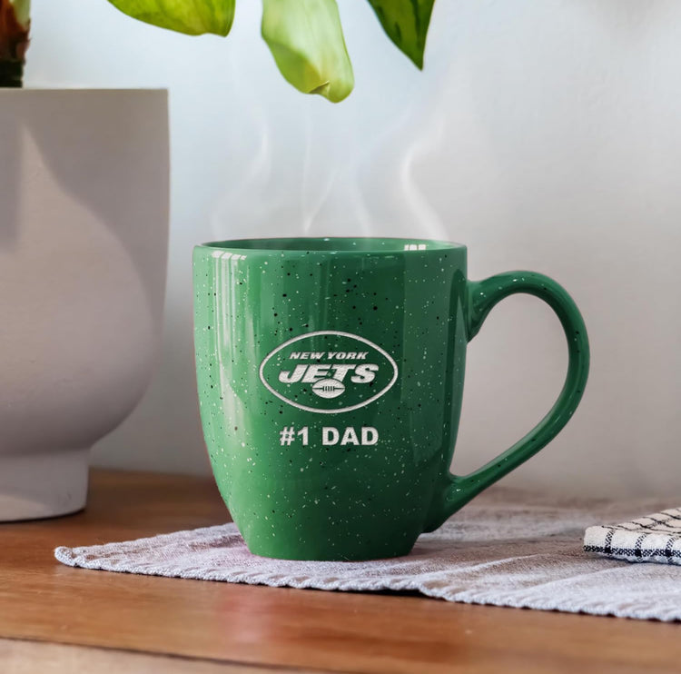 Rico Industries NFL Football New York Jets #1Dad 16 oz Team Color Laser Engraved Speckled Ceramic Coffee Mug.