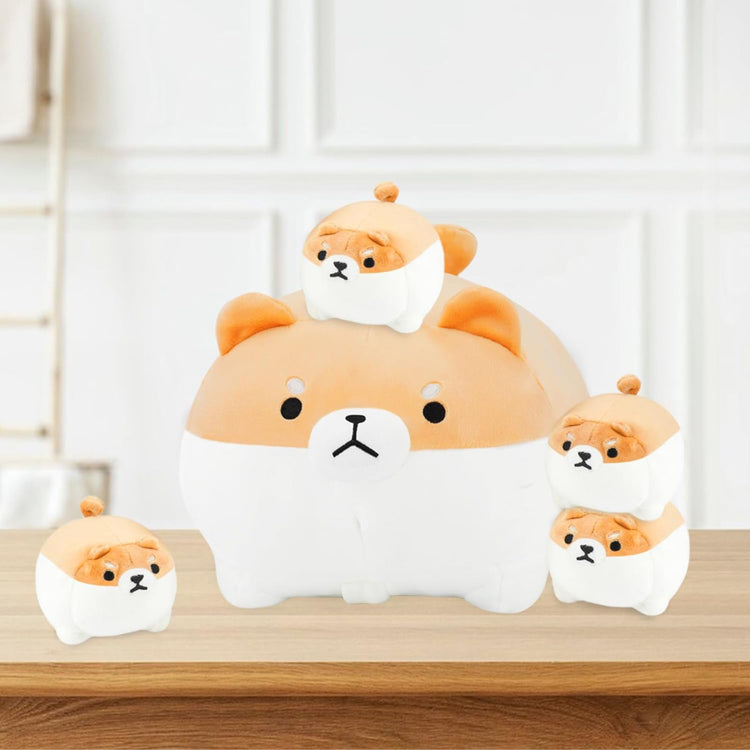 Shiba Inu Plush Pillow 16 Inches with Four Babies in Mommy‘s Belly, Super Soft Cartoon Dog Stuffed Animal Shiba Inu Plush for Kids Birthday