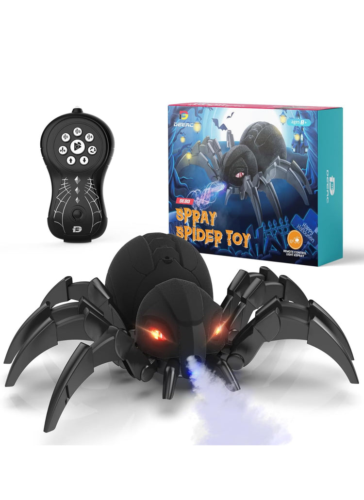 DEERC Robot Spider, Remote Control Spider with Spray and Lights, Black Widow Toy for Kids, for Halloween Birthday Party Joke Prank, Wireless RC Realistic Bot Moving Real Music Effect Tarantula