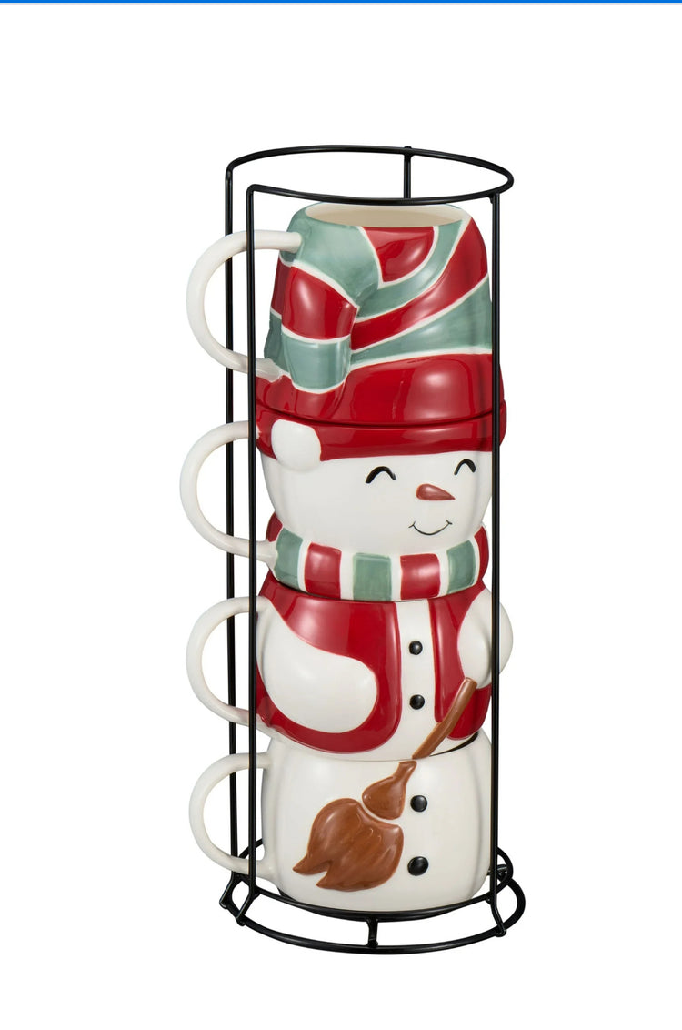 Holiday Time 4-Piece 12oz Snowman Glazed Stoneware Ceramic Stacking Mug Set with Metal Rack