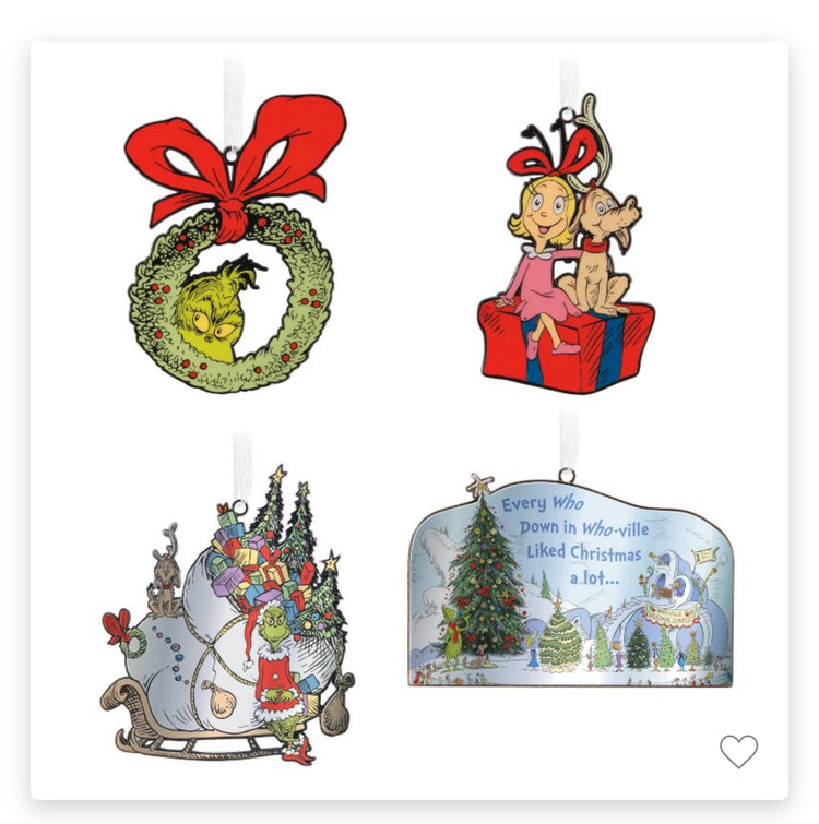 Hallmark 4pc Dr. Seuss How the Grinch Stole Christmas Metal Christmas Tree Ornament Set.