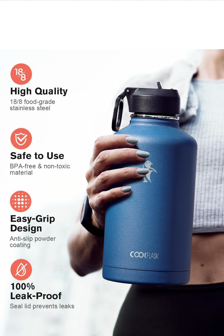 Water Bottle Insulated 64 oz with Straw & 3 Lids, Coolflask Half Gallon Water Jug Large Metal Stainless Steel Wide Mouth for Sports, Gym or Office, Non-BPA Keep Cold 48H Hot 24H, King's Blue