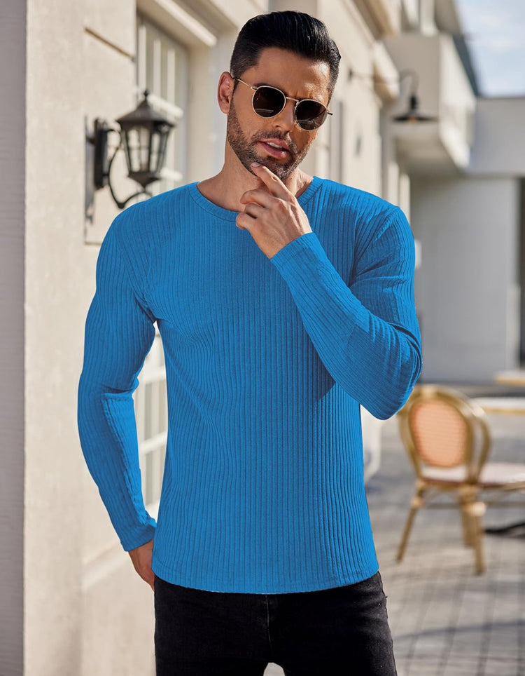 Ekouaer Men's Long Sleeve Shirts Ribbed Pullover Sweater Sim Fit Thermal Tops Crew Neck Stretchy Undershirts size M and L.