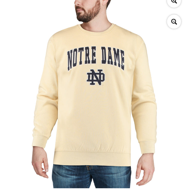 Men's Colosseum Gold Notre Dame Fighting Irish Arch & Logo Crew Neck Sweatshirt. Size M and L.