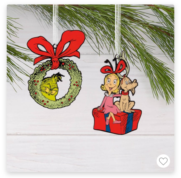 Hallmark 4pc Dr. Seuss How the Grinch Stole Christmas Metal Christmas Tree Ornament Set.