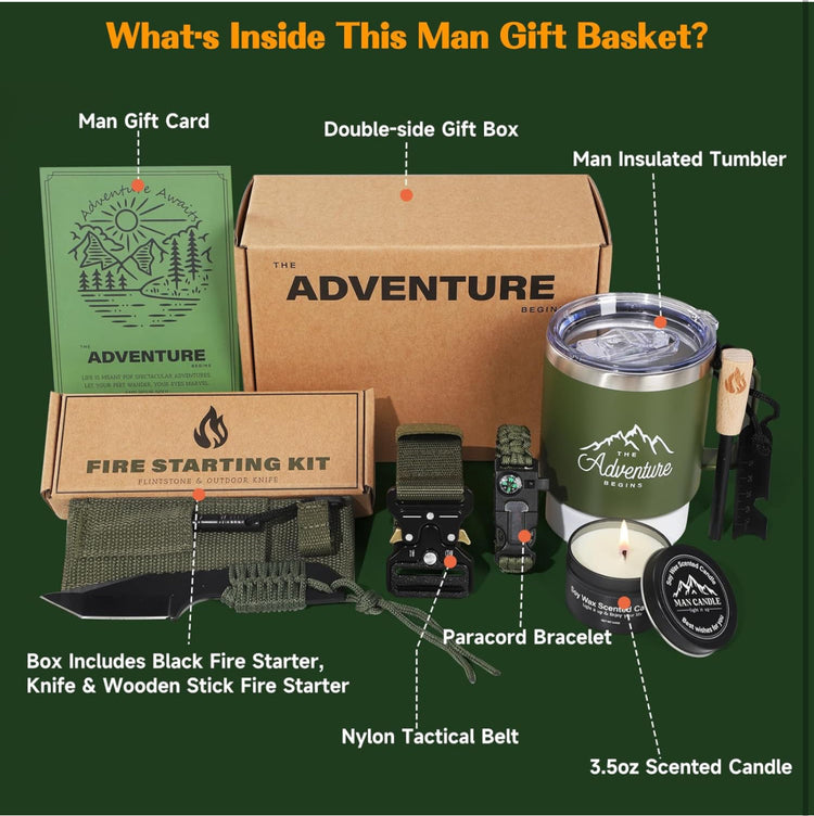 Frerdui Gifts Set for Men,Dad Gift Box Dad Gifts from Son Daughter,Gift for Father's Day Birthday Tumbler Mug Gift Box Basket, Cool Camping Ourdoor Survival Kit for Son Dad in Law Husband.