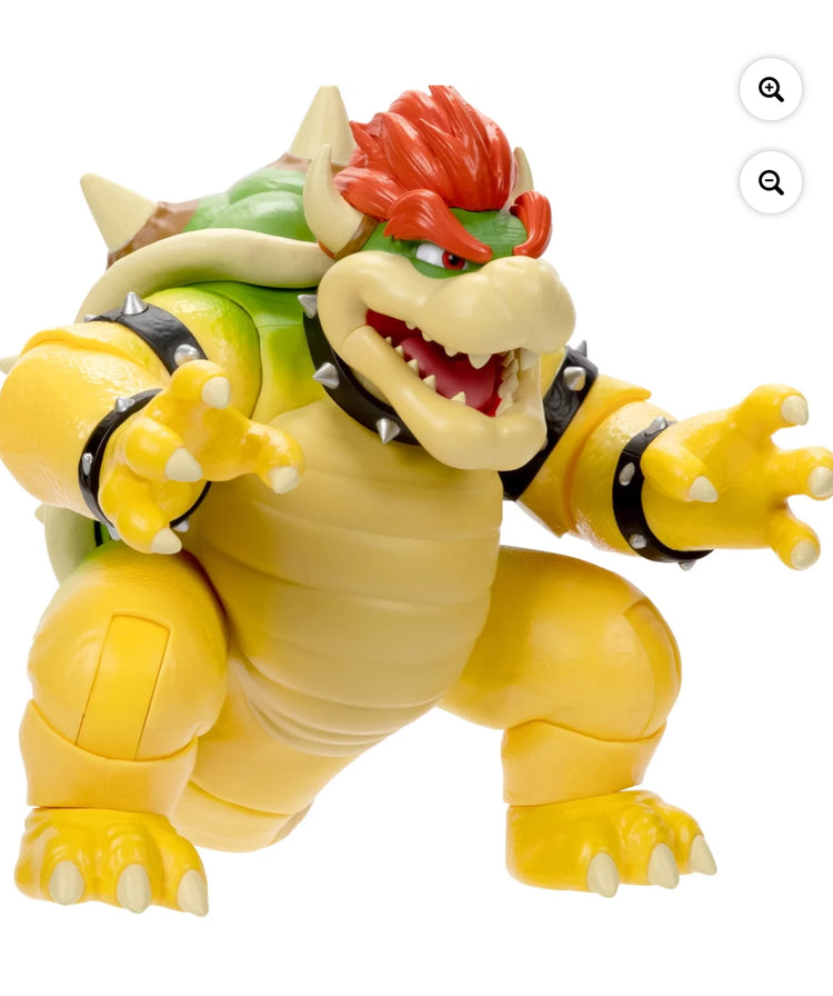 The Super Mario Bros. Movie 7 inch Feature Bowser Action Figure with Fire Breathing Effects. AAA batteries required and not included.