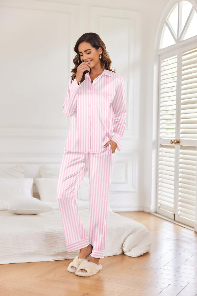 Ekouaer Classic Satin Pajamas for Women Long Sleeve Button Down Sleepwear Soft Silk Loungewear Pjs Set S-M