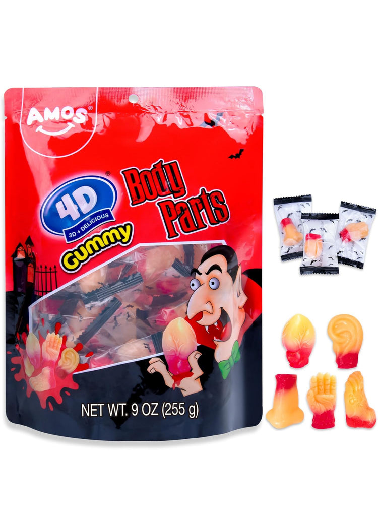 Amos 4D Gummy Body Parts Halloween Candy, Spooky Candy Snacks, Approx. 32 Individually Wrapped Pieces, 9 oz Bag – Perfect for Trick-or-Treat & Party Favors