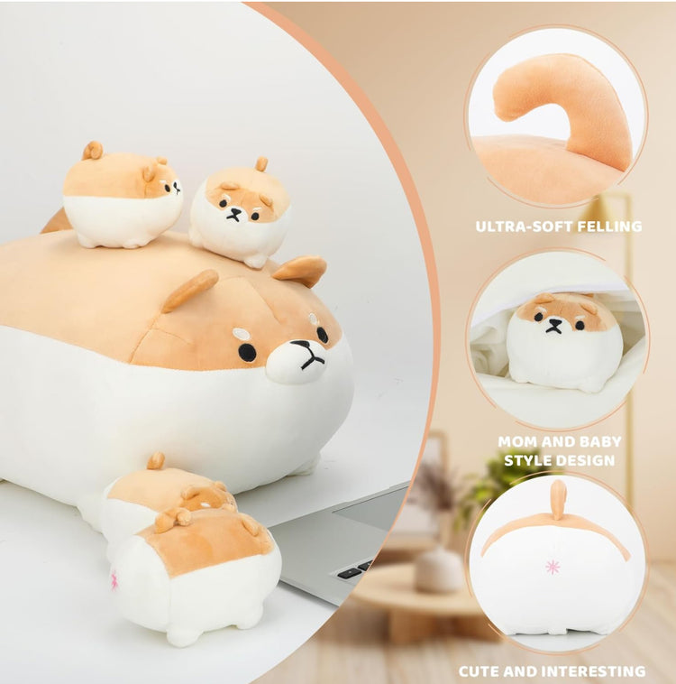 Shiba Inu Plush Pillow 16 Inches with Four Babies in Mommy‘s Belly, Super Soft Cartoon Dog Stuffed Animal Shiba Inu Plush for Kids Birthday