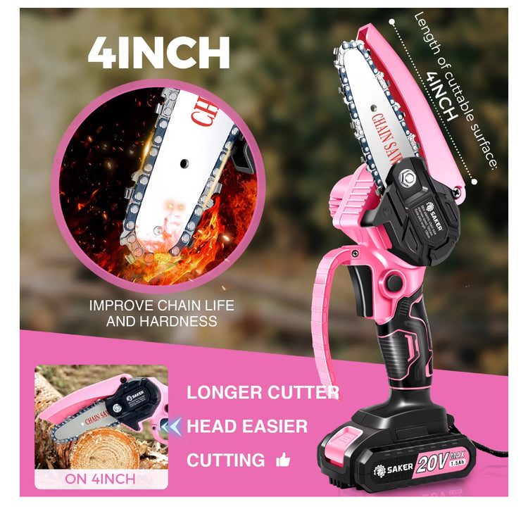 Saker 4 Inch Mini Chainsaw, Pink Cordless Chainsaw, Electric Chainsaw for Tree Branches, Courtyard, Household & Garden(2PCS 1500mAh Batteries & 3 PCS Chains)