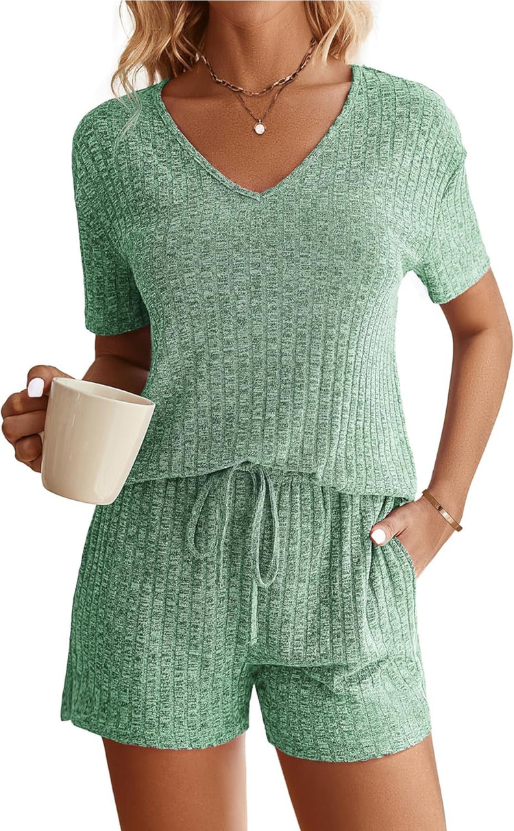 Ekouaer Womens Ribbed Knit Lounge Set Short Sleeve Top and Shorts Sleepwear Pajama Set Two Piece Shorts Outfits Set