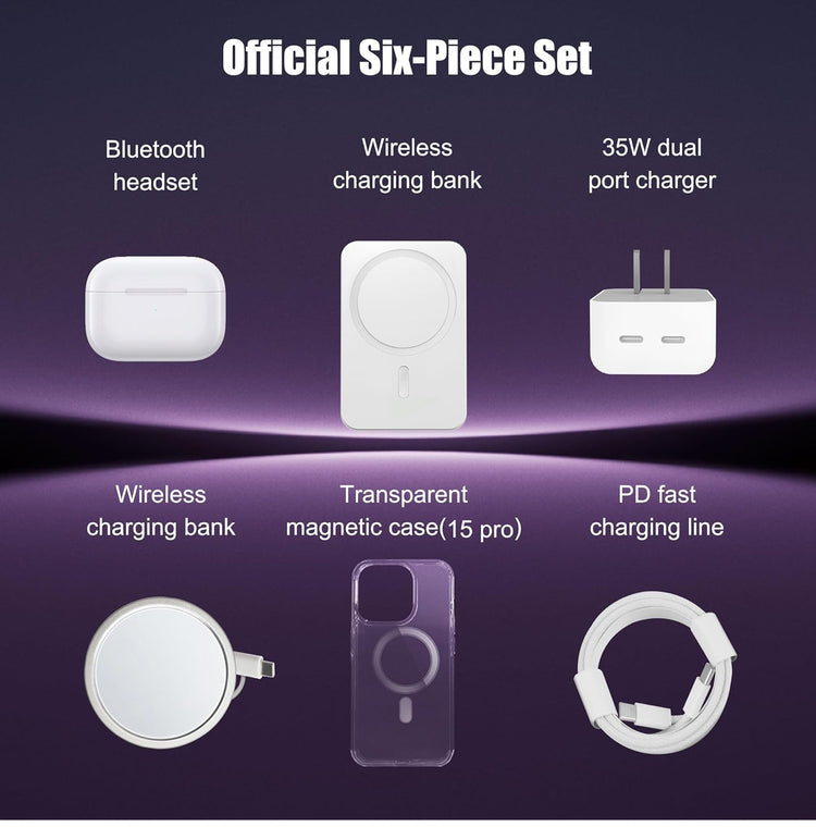 6 Pack Accessories Gift Box Kit Includes Bluetooth Headphones, PD Fast Charger with Cable, Crystal Clear Magnetic Case, Magnetic Charger & Wireless Compatible for iPhone 15 Pro Max 6.7" and iPhone 14 Pro Max 6.7”.