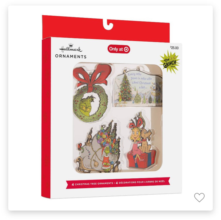 Hallmark 4pc Dr. Seuss How the Grinch Stole Christmas Metal Christmas Tree Ornament Set.