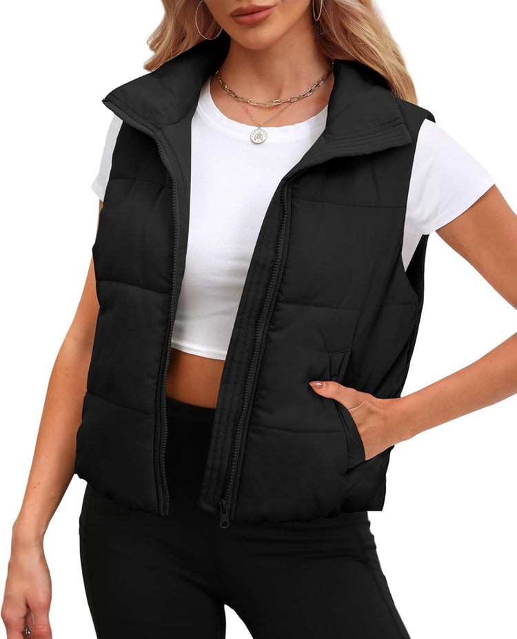 SAMPEEL Puffer Vest Women Cropped Stand Collar Lightweight Padded Outerwear Fall Winter Clothes Warm Zip Up with Pockets. Size M