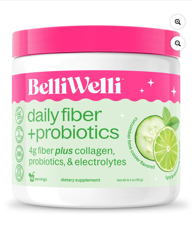 BelliWelli Daily Fiber Supplement with Probiotics, Electrolytes, and Collagen - Tropical Breeze, 6.4 oz. And Cucumber Lime 6.4 oz. 5 Cucumber Lime’s left and 1 Tropical Breeze left.