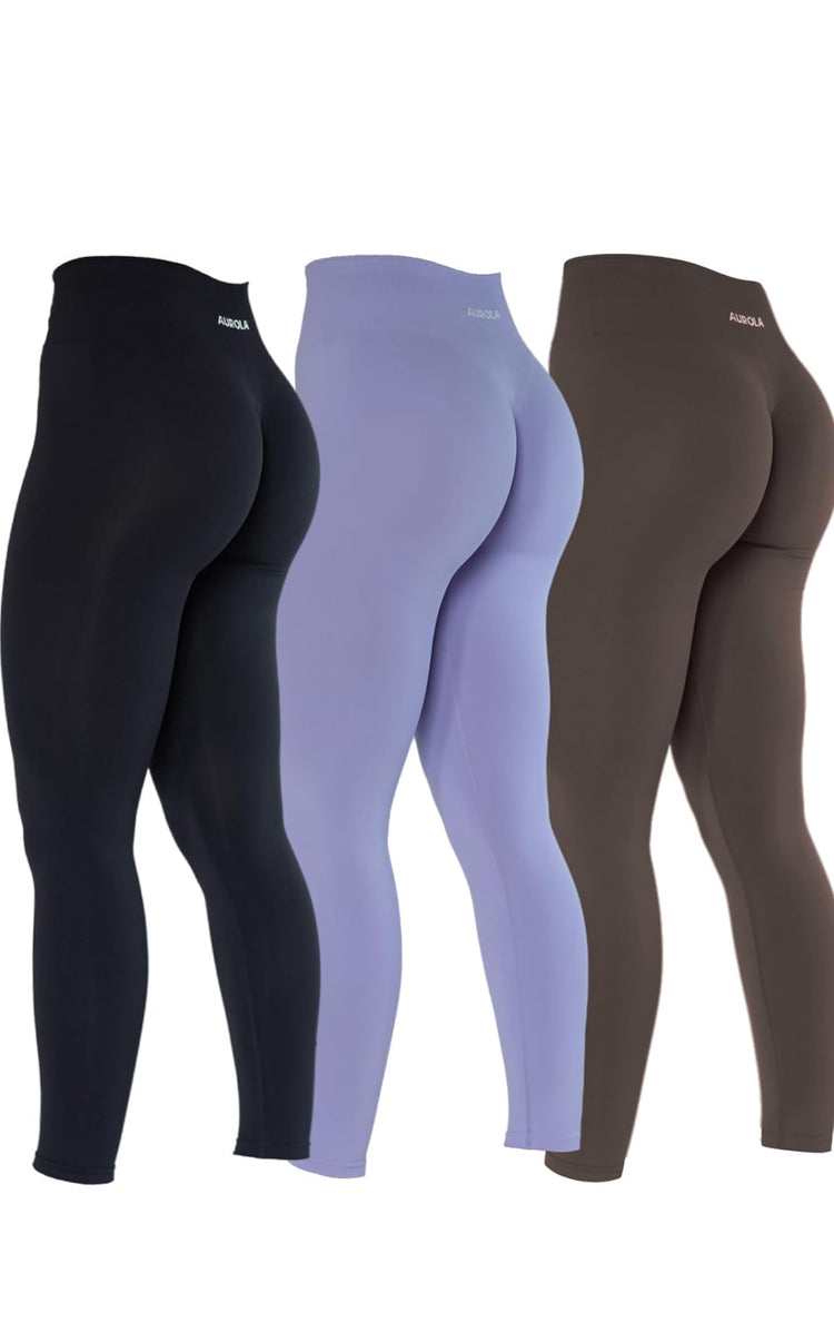 AUROLA Dream Collection Workout Leggings for Women High Waist Seamless Scrunch Athletic Running Gym Fitness Active Pants. Size M. Set of 3