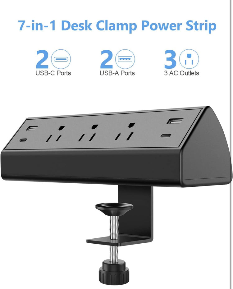 Desk Clamp Power Strip,Desktop Mount Surge Protector,40W Fast Charging Station,2 PD 20W USB C Ports,3 Outlets,6FT Flat Plug for Home,Office,Fit 1.6" Tabletop Edge