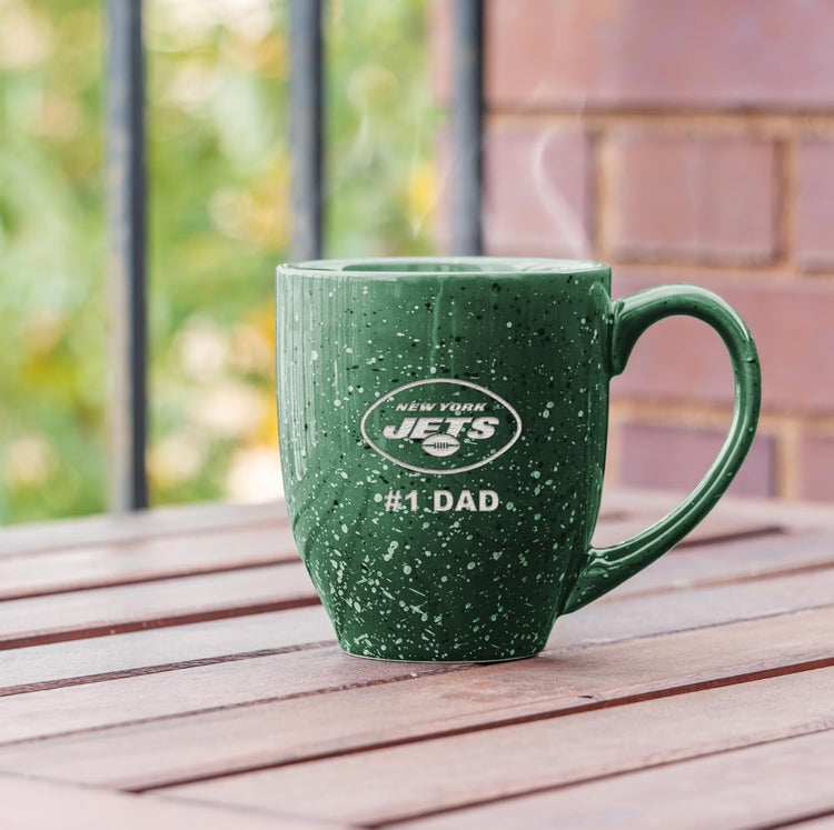 Rico Industries NFL Football New York Jets #1Dad 16 oz Team Color Laser Engraved Speckled Ceramic Coffee Mug.