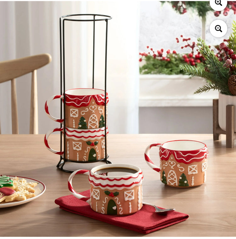 Holiday Time 12oz Gingerbread House Glazed Stoneware Ceramic Stacking Mug Set with Metal Rack