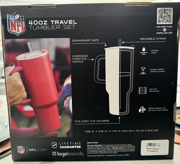 40 OZ Travel Tumbler Set. Official NFL Miami Dolphins. Comes with Straw and is Vacuum insulated.