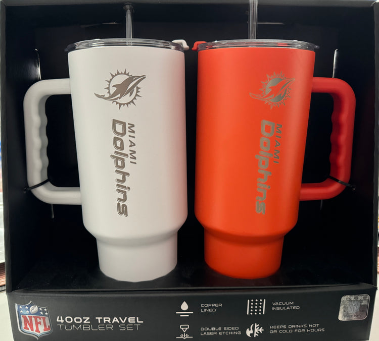 40 OZ Travel Tumbler Set. Official NFL Miami Dolphins. Comes with Straw and is Vacuum insulated.