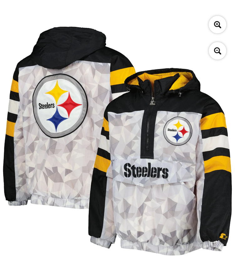 Men's Starter White/Black Pittsburgh Steelers Thursday Night Gridiron Raglan Half-Zip Hooded Jacket.