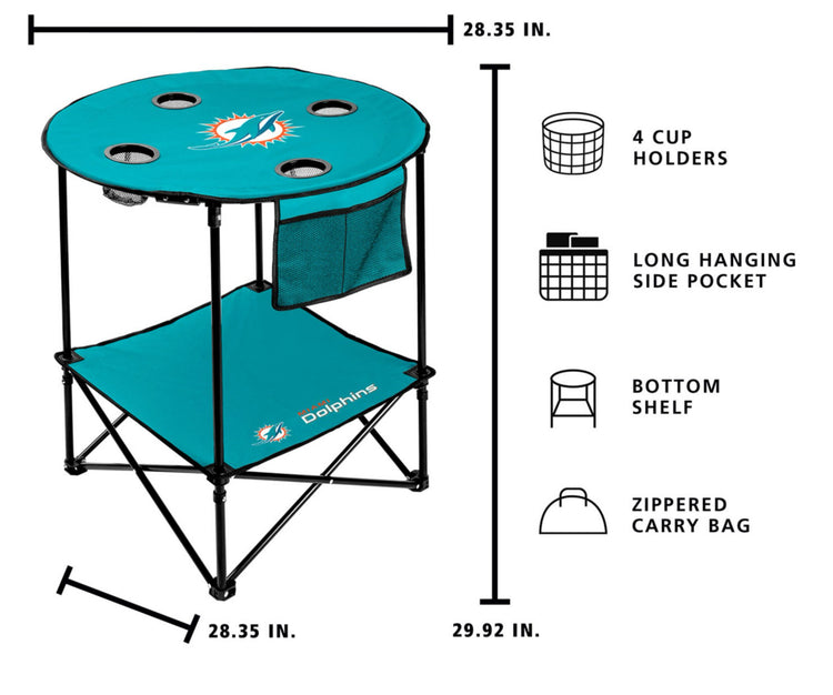 NFL 27.6" Round Tailgate Table with shelf. Miami Dolphins.