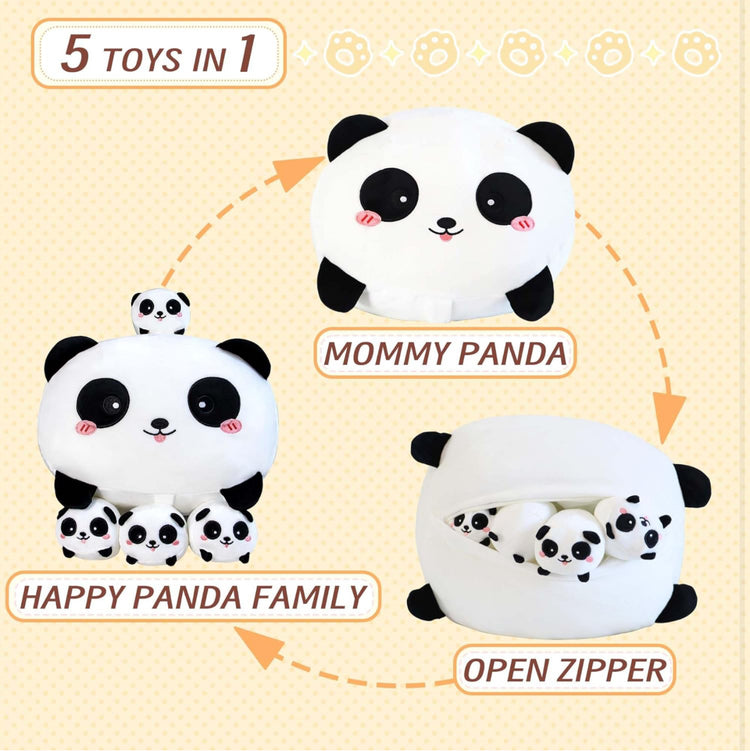 Cute Panda Stuffed Animals 16 Inches with Four Panda Babies in Mommy‘s Belly, Super Soft Panda Plush Toy Pillow for Kids Birthday