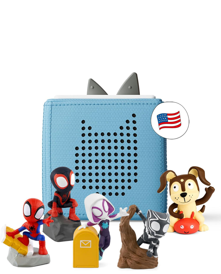 Toniebox Audio Player Starter Set with Spidey, Ghost-Spider, Spin, Black Panther, and Playtime Puppy - Listen, Learn, and Play with One Huggable Little Box - Light Blue