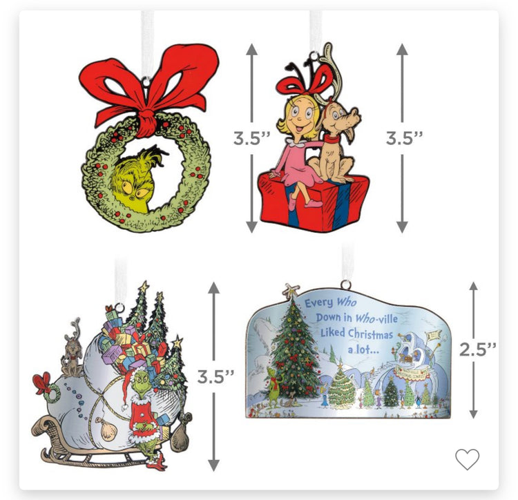 Hallmark 4pc Dr. Seuss How the Grinch Stole Christmas Metal Christmas Tree Ornament Set.