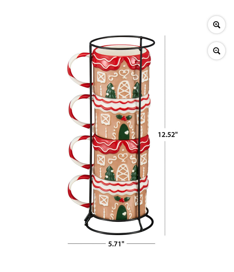 Holiday Time 12oz Gingerbread House Glazed Stoneware Ceramic Stacking Mug Set with Metal Rack