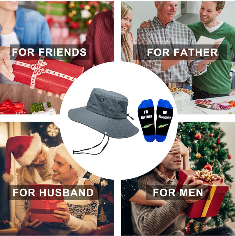 GOAUS Fishing Gifts for Men, Funny Hat and Socks, Christmas Stocking Stuffers for Him Boys Dad Son Husband Boyfriend Grandpa.