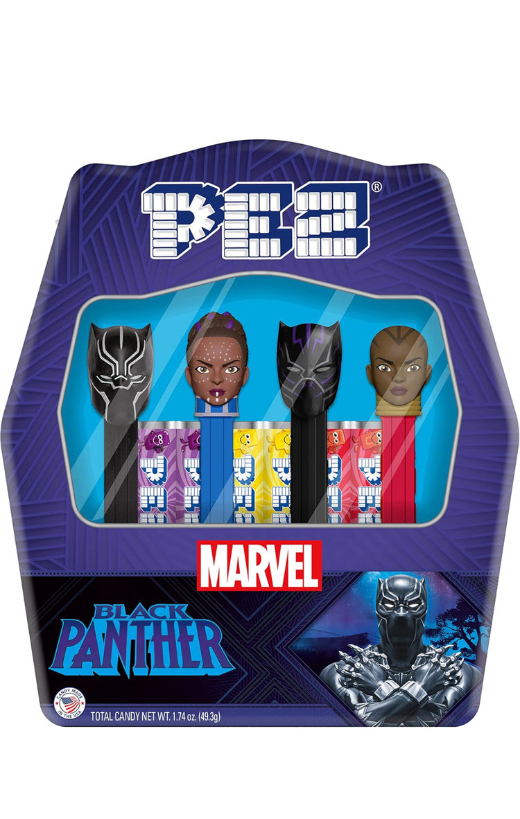 PEZ Black Panther Gift Set - Includes 4 Dispensers (Black Panther, Shuri, Purple Black Panther, and Okoye) + 6 candy refills in collectible tin, Orange,Purple, 1 Count, 13.3 ounces