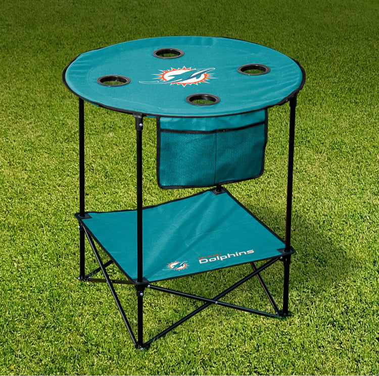 NFL 27.6" Round Tailgate Table with shelf. Miami Dolphins.