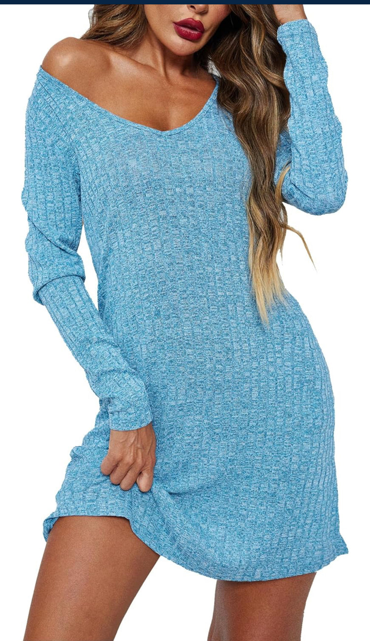 Ekouaer Womens Nightgown Long Sleeve Rib Knit Pajama Dress V Neck Soft Loungewear Sleepwear S-Medium