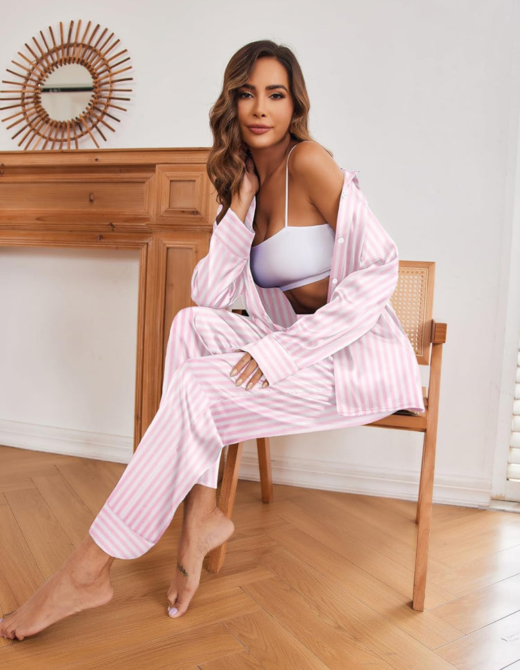 Ekouaer Classic Satin Pajamas for Women Long Sleeve Button Down Sleepwear Soft Silk Loungewear Pjs Set S-M