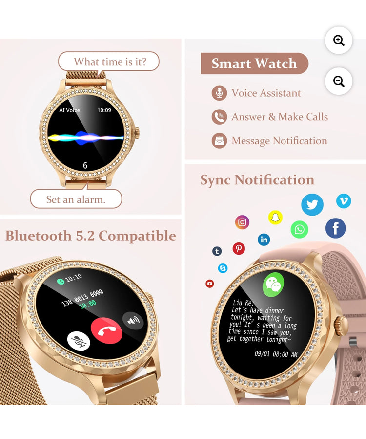 TOPVISION Smart Watch for Women, Fitness Tracker with 100+ Sport Modes 2 Bands for Android iOS, Gold.